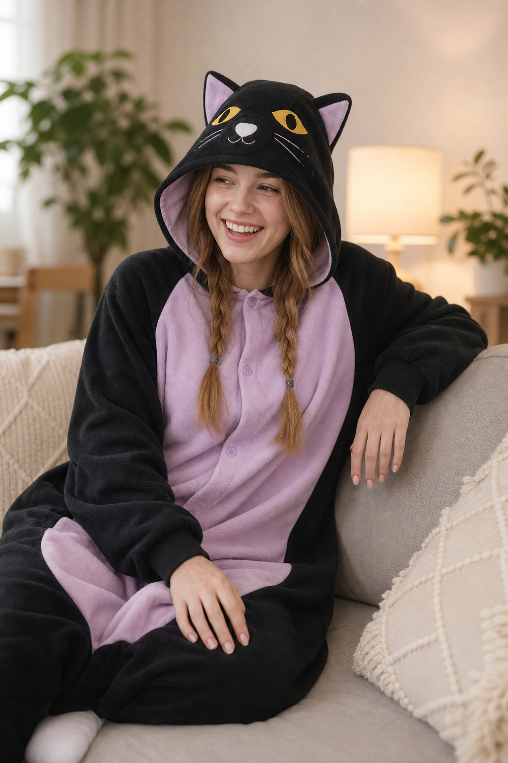 Adult Hooded Black Cat Onesie with Lavender Belly