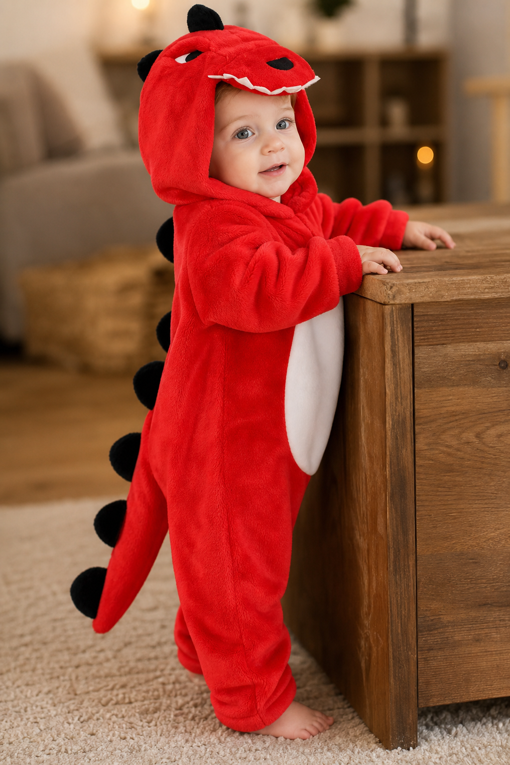 Baby Red Plush Hooded Dinosaur Kigurumi Onesie