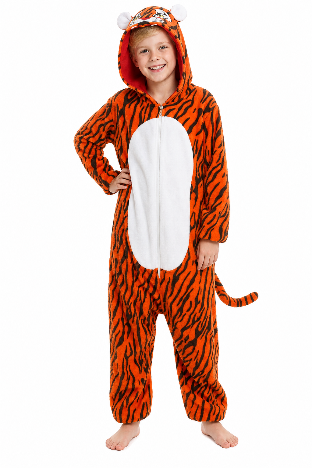 Kids' Hooded Orange and Black Striped Tiger Kigurumi Onesie