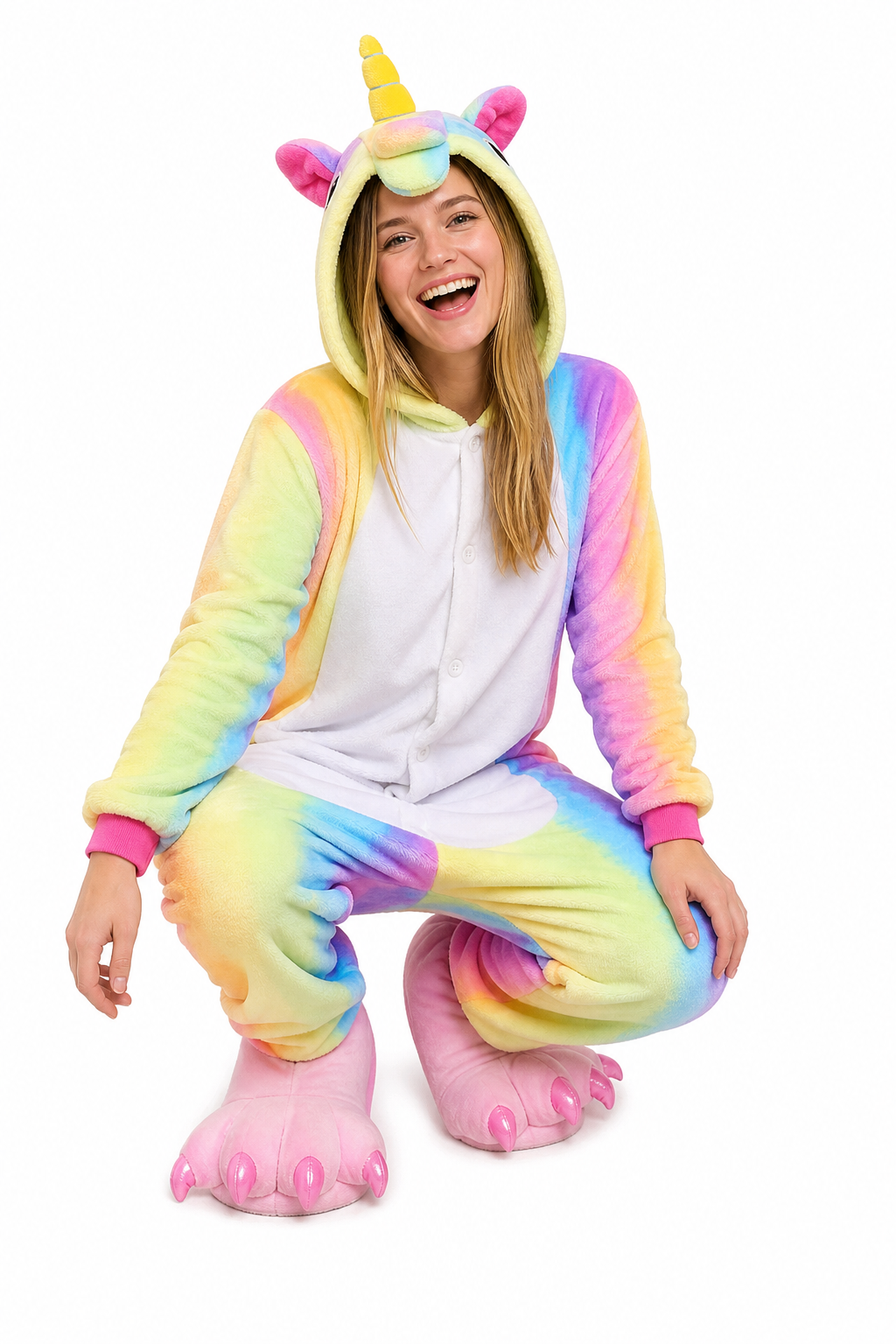 Adult Hooded Pastel Rainbow Ombre Unicorn Kigurumi Onesie with White Belly