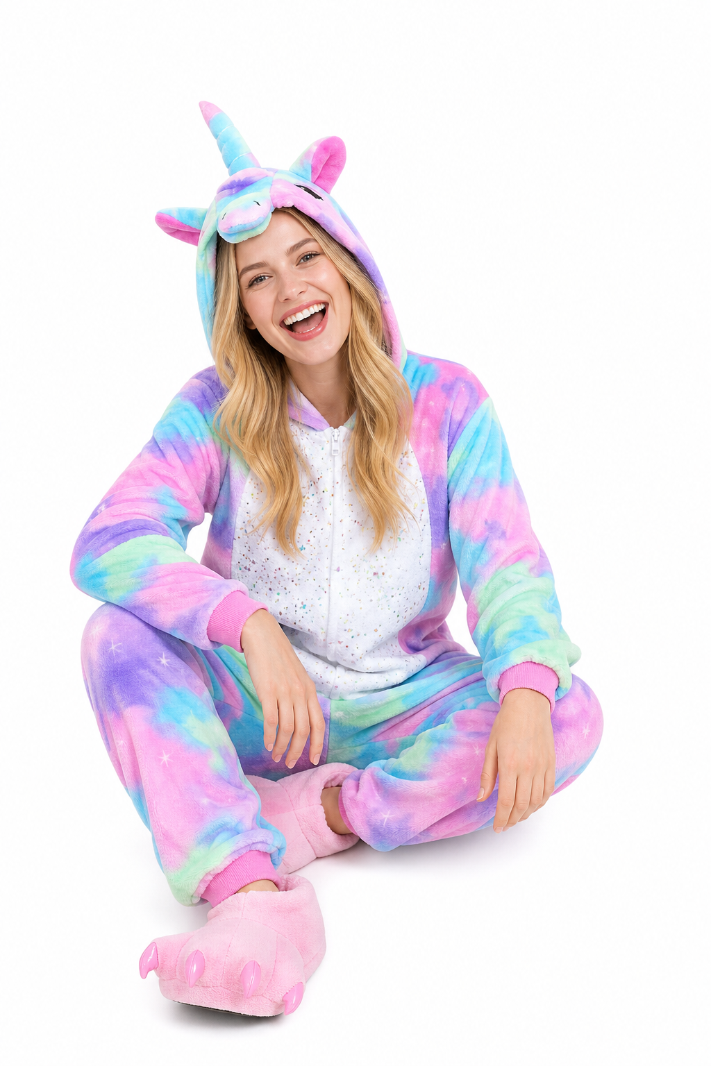 Adult Hooded Pastel Rainbow Unicorn Kigurumi Onesie with Glitter Star Belly