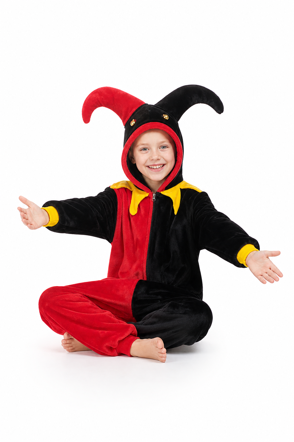 Kids' Hooded Red and Black Jester Plush Kigurumi Onesie