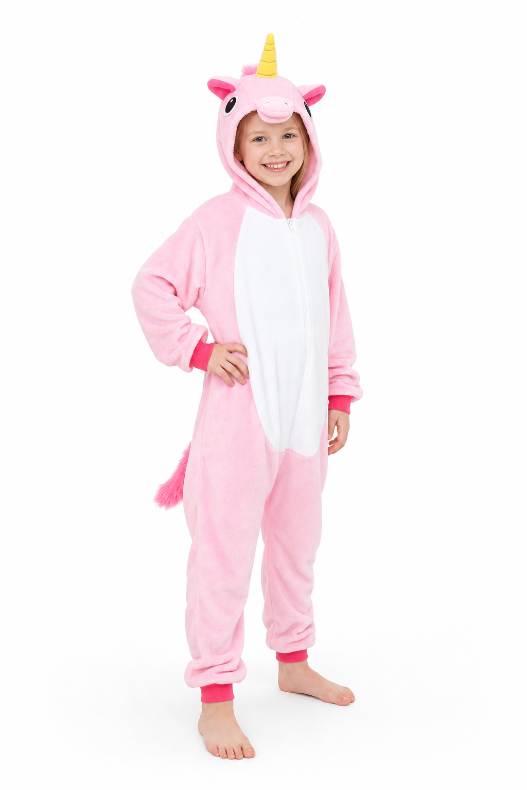Kids' Hooded Solid Pink Unicorn Kigurumi Pajama Onesie