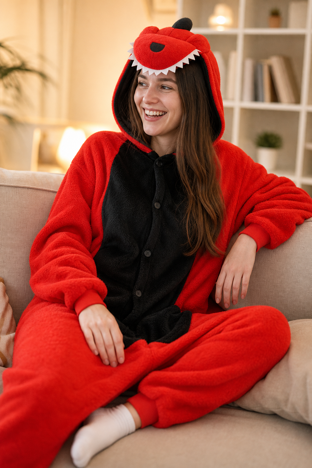 Adult Red Monster Kigurumi Onesie with Teeth Hood
