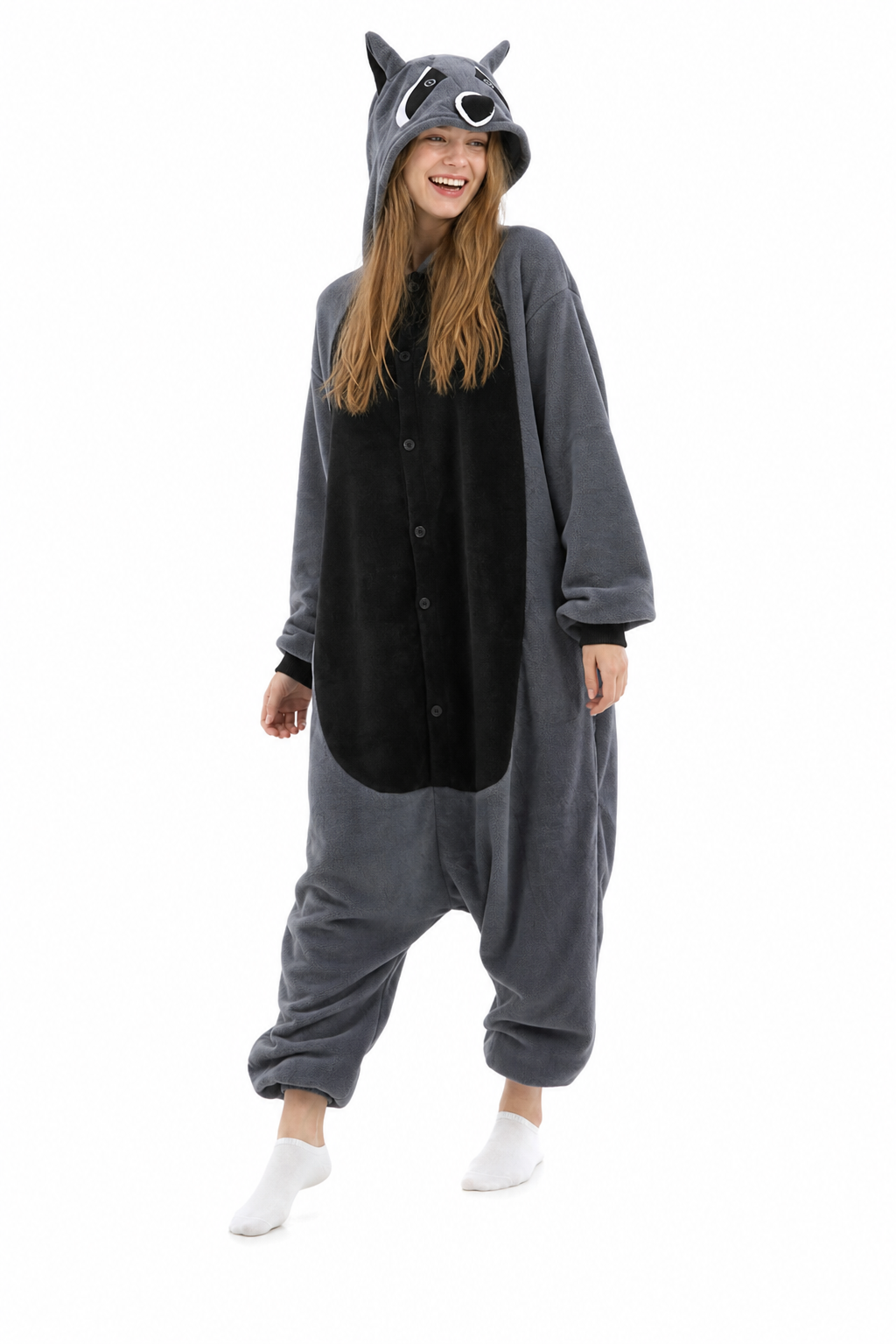 Adult Dark Grey Raccoon Fleece Hooded Onesie