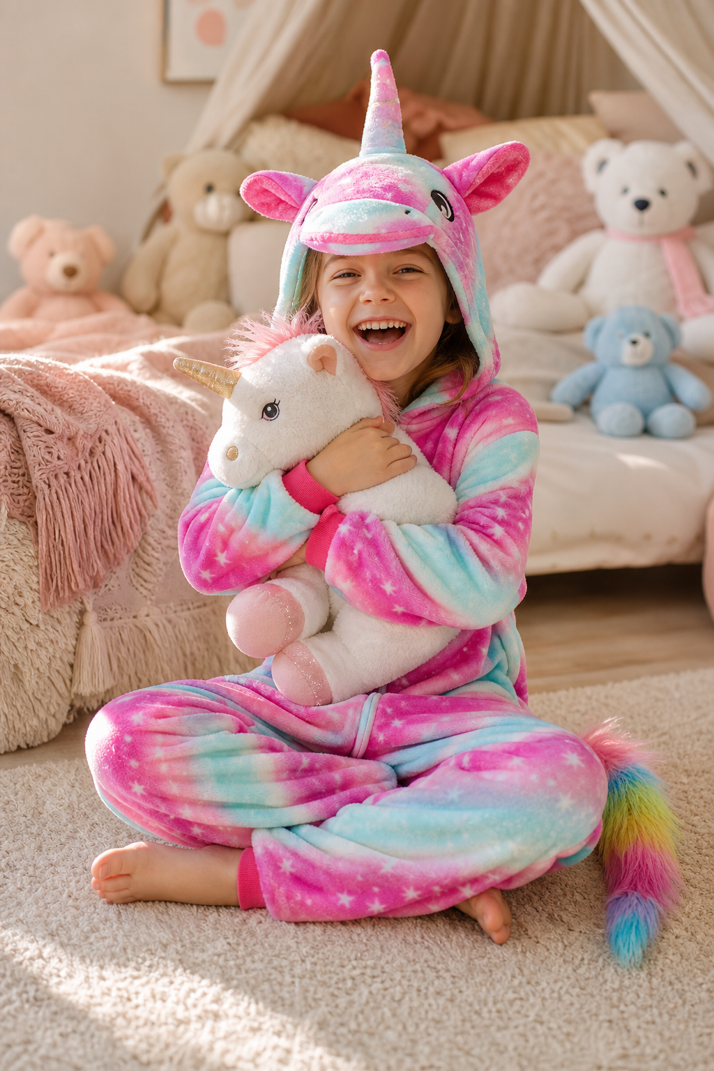 Kids' Hooded Pink and Blue Star Swirl Unicorn Kigurumi Onesie