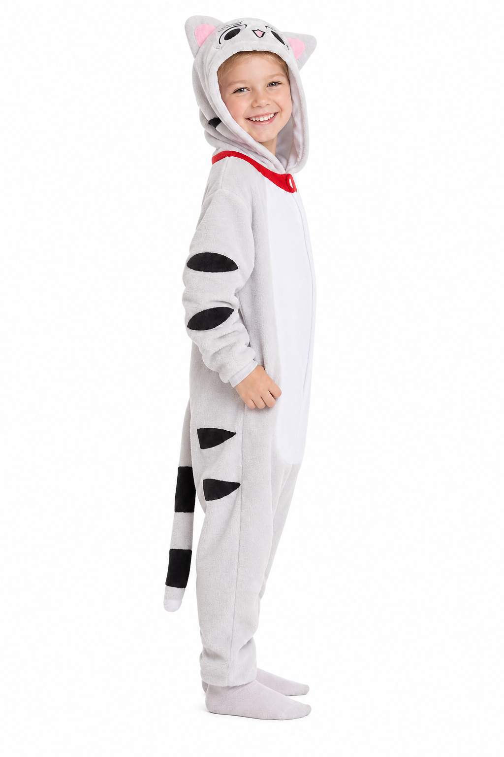 Kids' Hooded White Spotted Cat Kigurumi Costume Onesie
