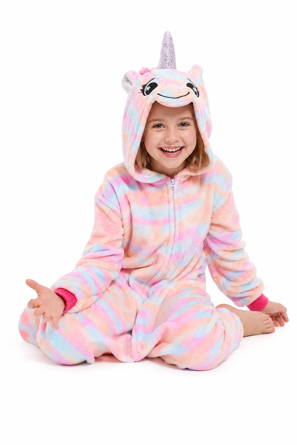 Kids' Hooded Pastel Pink and Blue Tie-Dye Unicorn Plush Kigurumi Onesie
