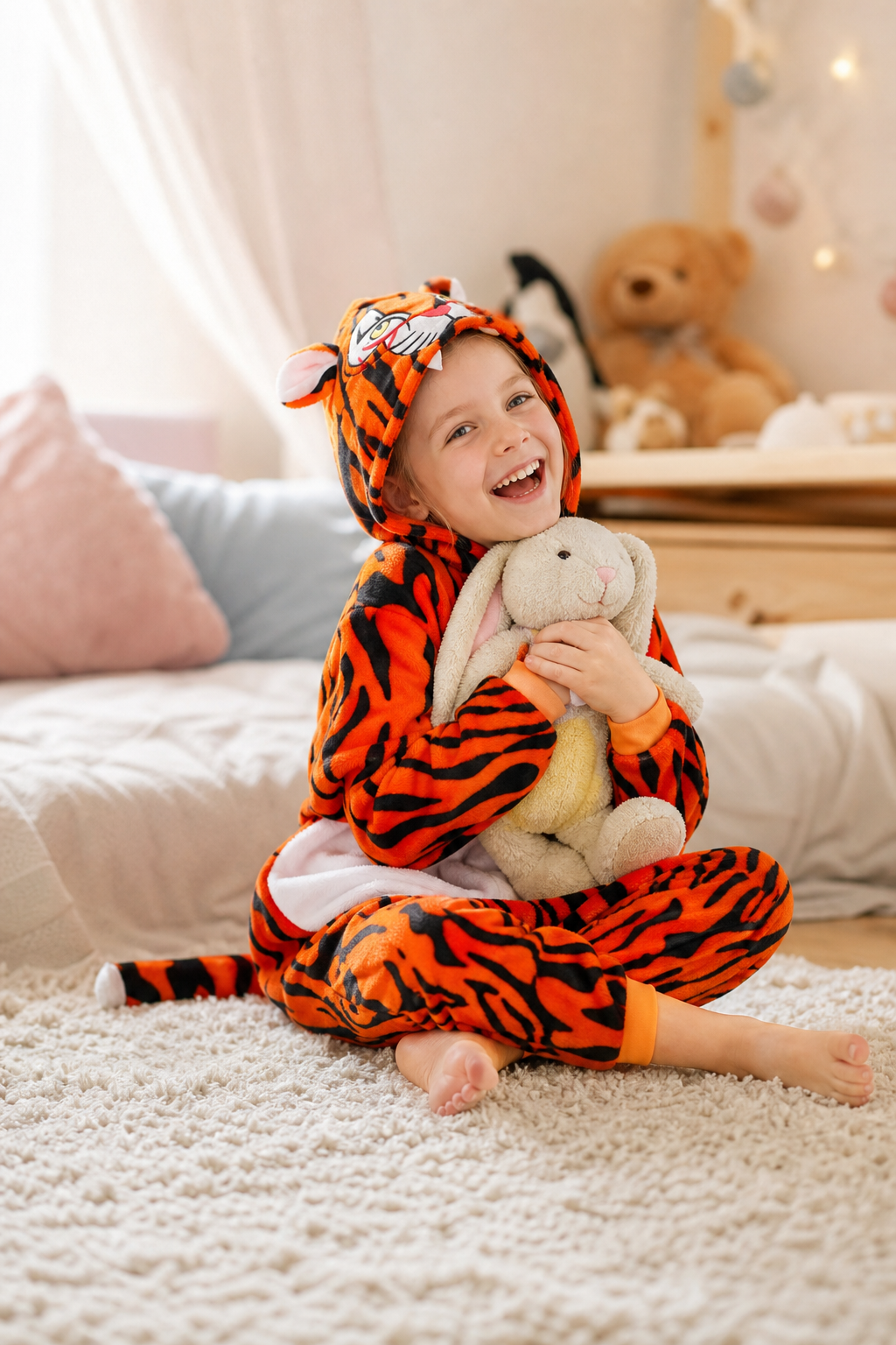 Kids' Hooded Orange Tiger Plush Kigurumi Onesie