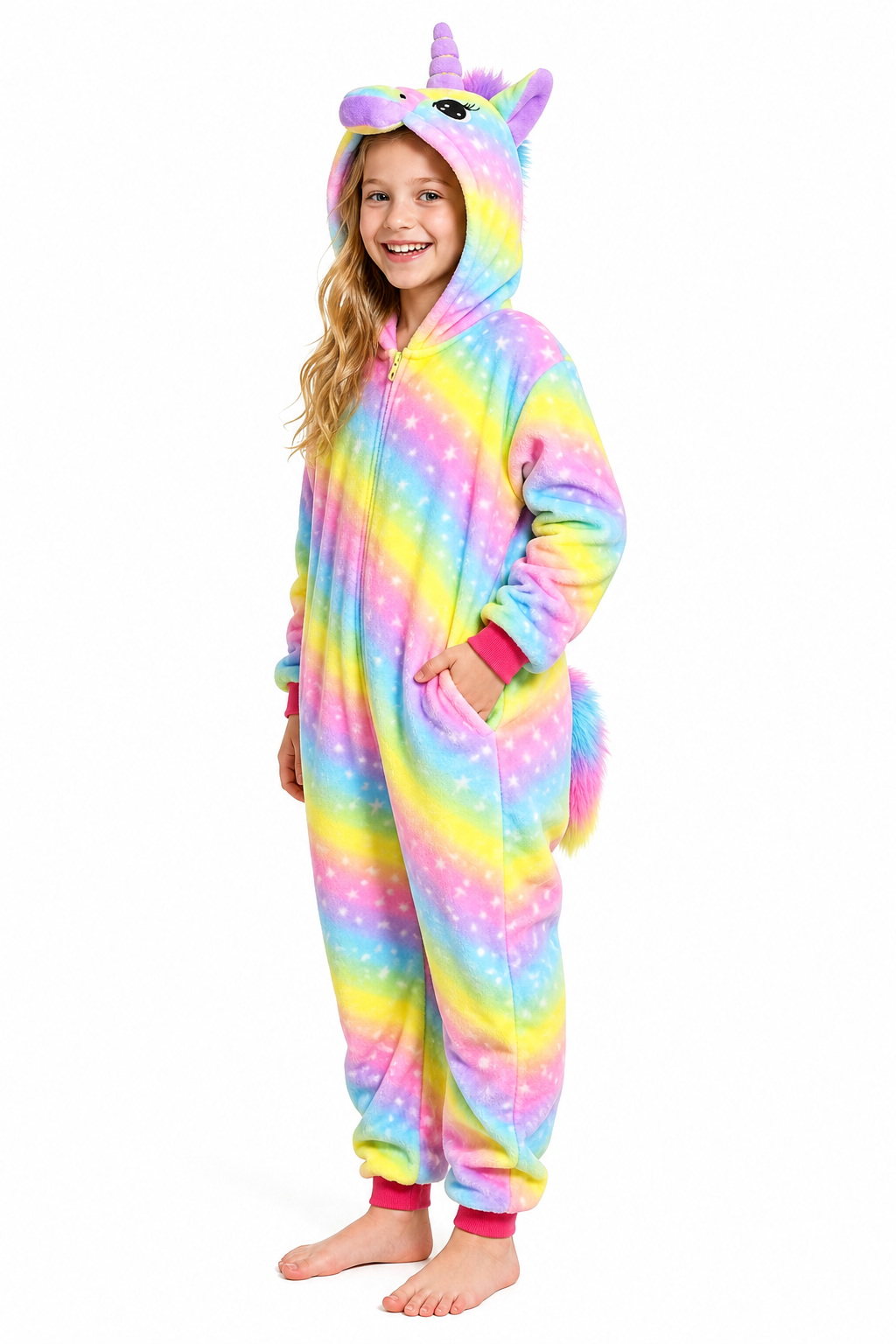 Kids' Hooded Bright Rainbow Star Unicorn Kigurumi Pajama Onesie