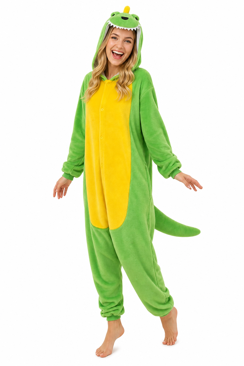 Adult Hooded Bright Green Dinosaur Kigurumi Onesie with Tail