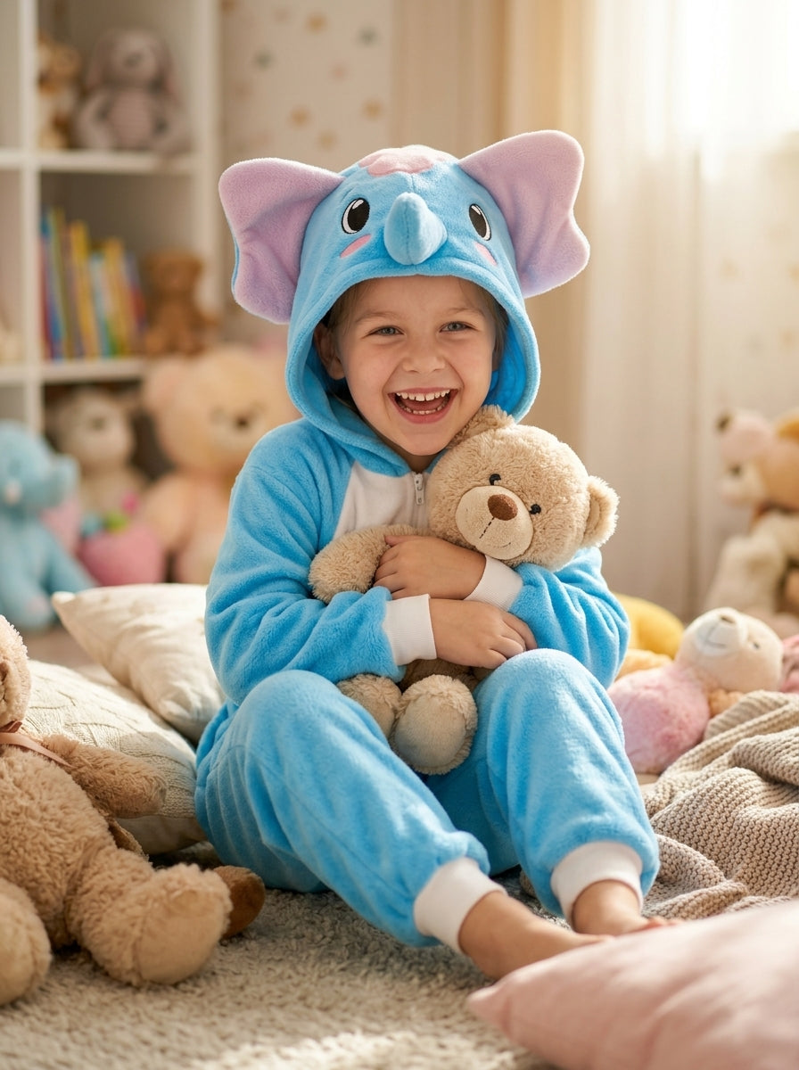 Kids' Hooded Blue Elephant Kigurumi Costume Onesie