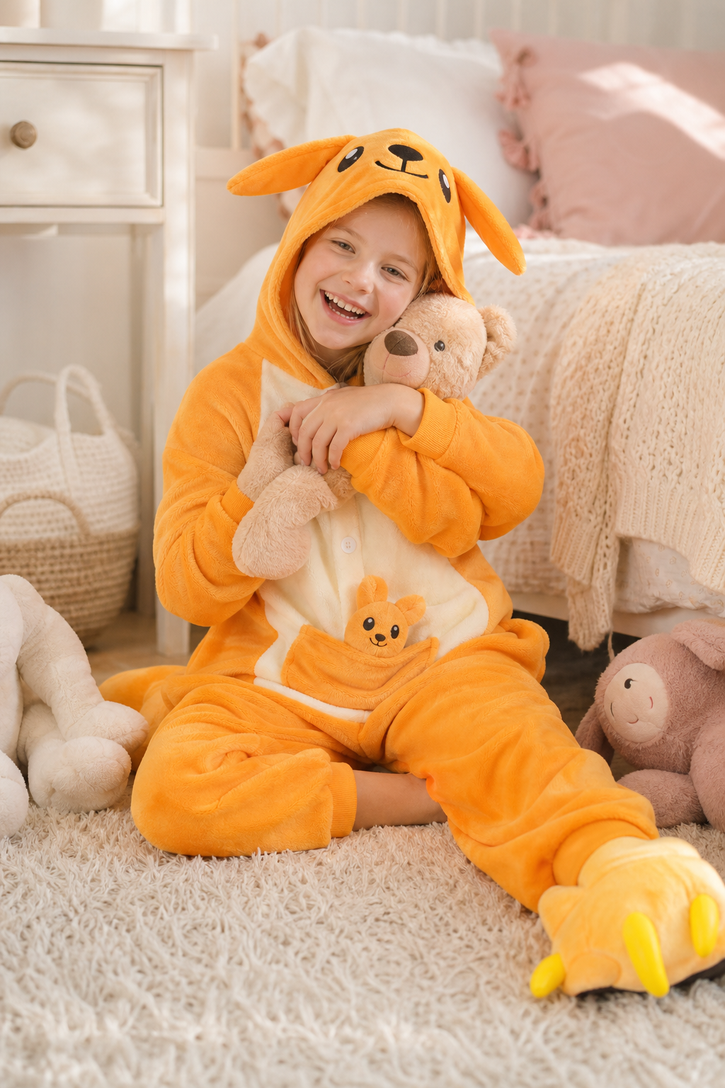 Kids' Hooded Orange Kangaroo & Joey Kigurumi Onesie