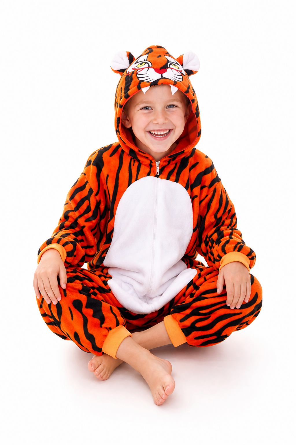 Kids' Hooded Orange Tiger Plush Kigurumi Onesie