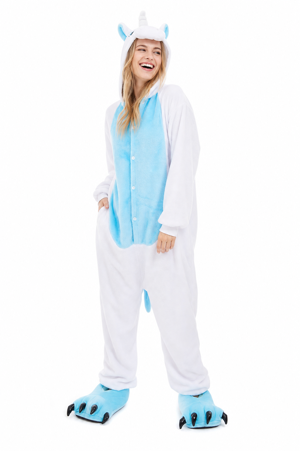 Adult Hooded White & Blue Unicorn Kigurumi Onesie