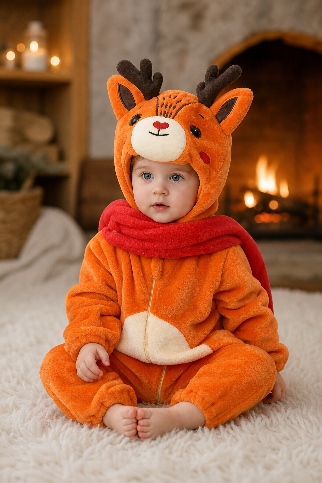 Cute Baby Plush Reindeer Kigurumi Onesie with Scarf