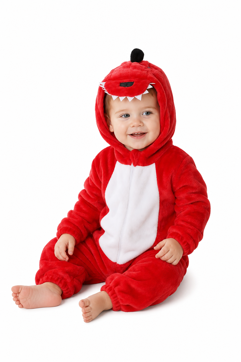 Soft Red Plush Dinosaur Baby Hooded Onesie