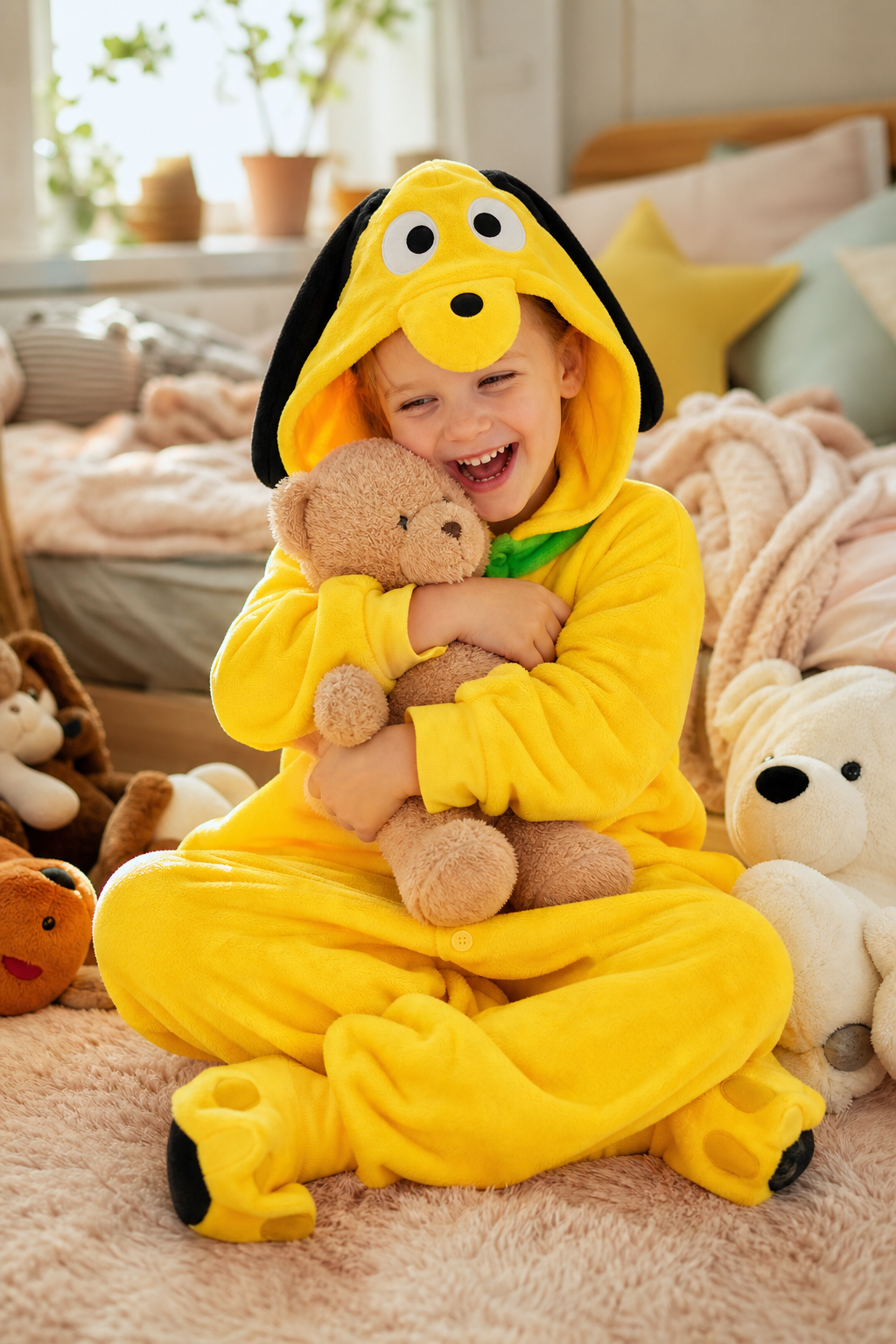 Kids' Hooded Yellow Dog Kigurumi Pajama Onesie