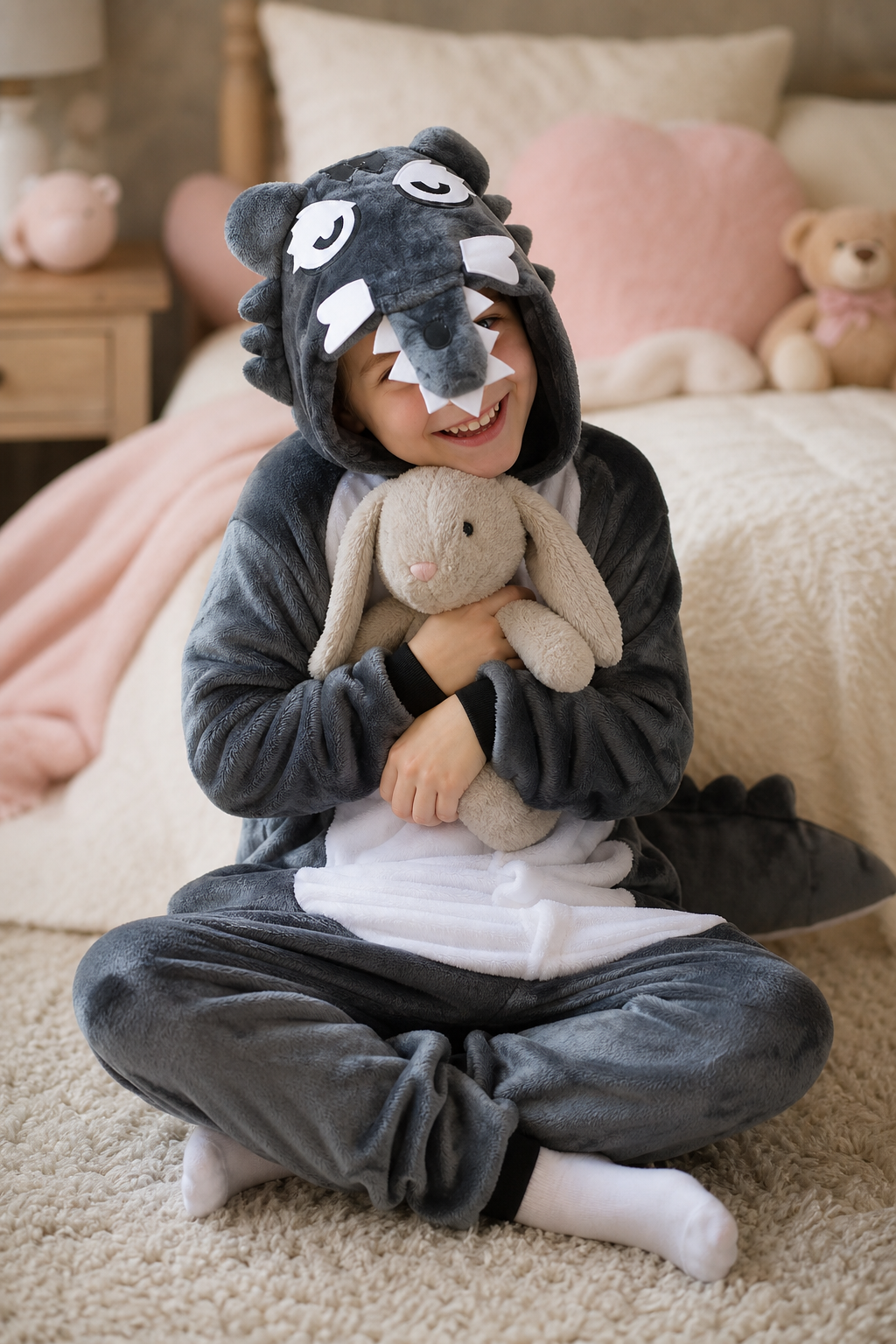 Kids' Hooded Gray Wolf Plush Kigurumi Onesie