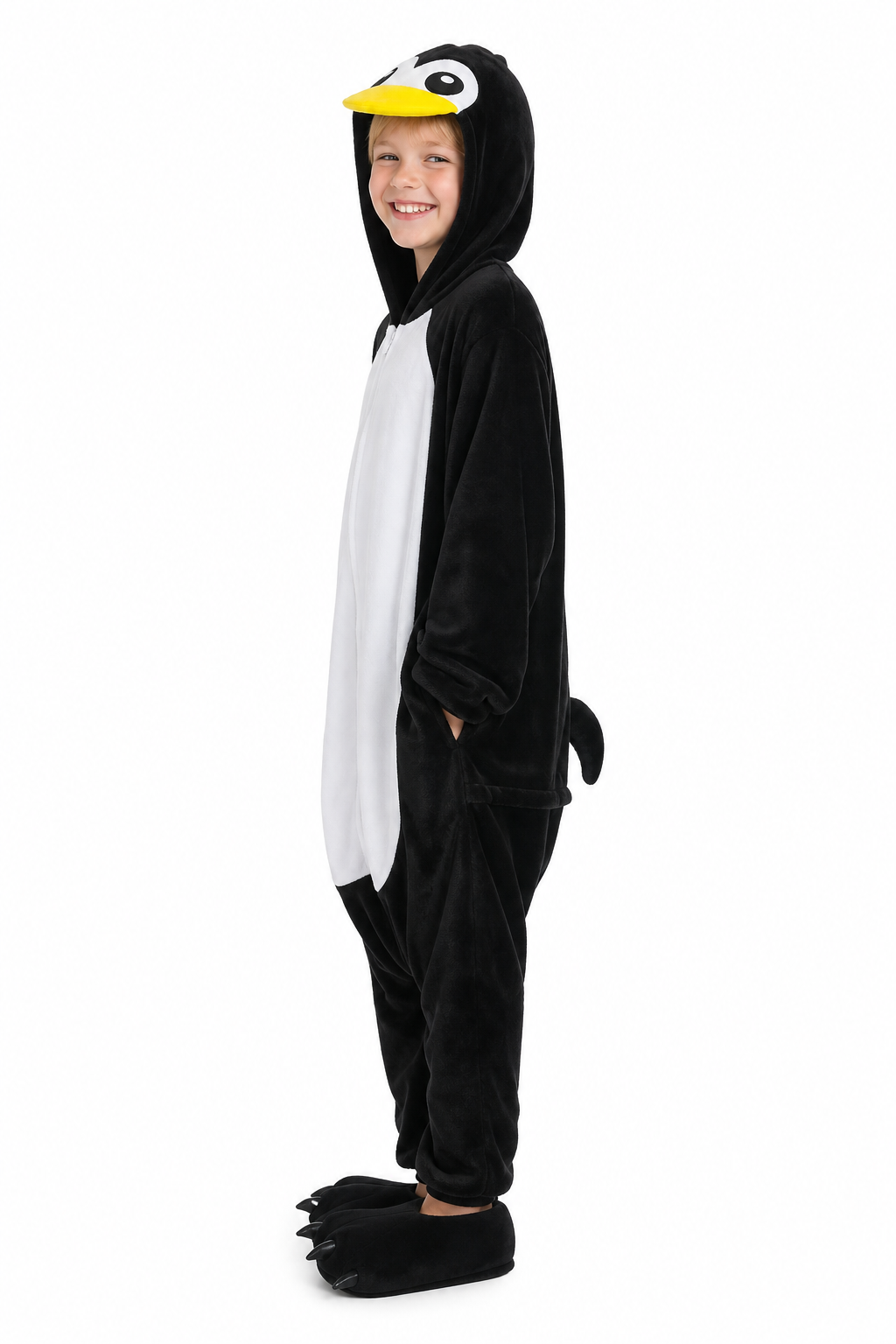 Kids' Hooded Black and White Penguin Plush Kigurumi Onesie