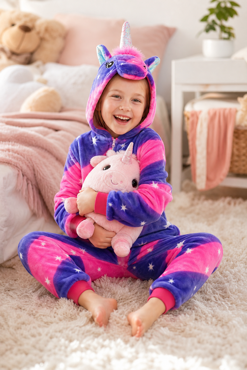 Kids' Hooded Pink and Indigo Star Unicorn Kigurumi Pajama Onesie