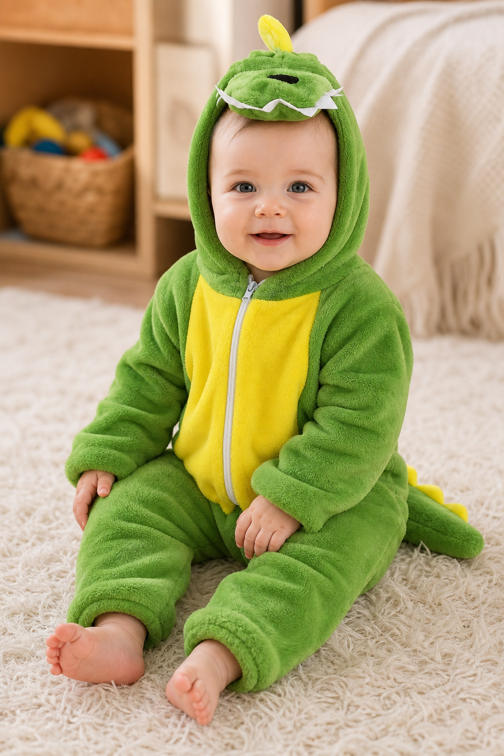Green Plush Hooded Dinosaur Baby Kigurumi Onesie with Feet