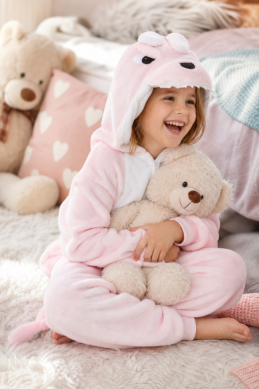 Kids' Hooded Pink Fanged Monster Kigurumi Pajama Onesie