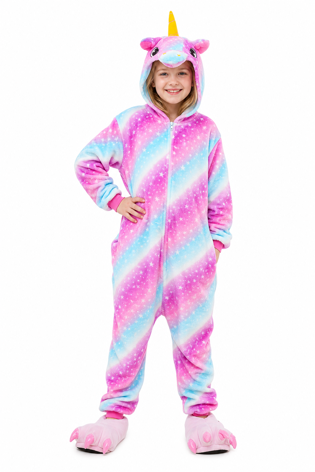 Kids' Hooded Pink and Blue Galaxy Star Unicorn Plush Kigurumi Onesie