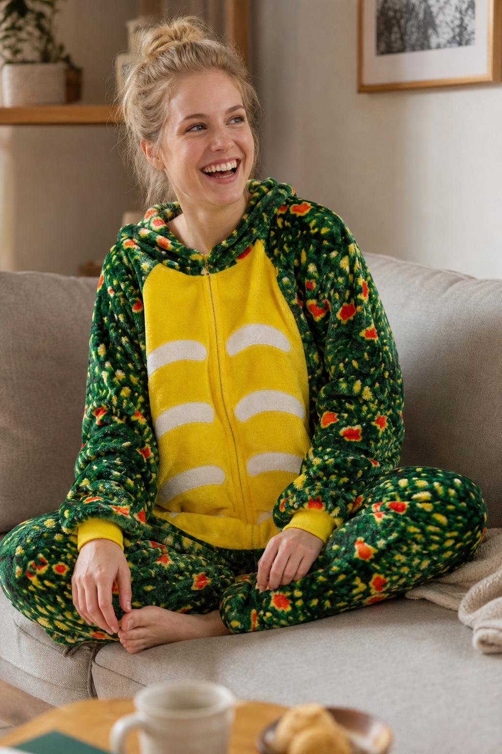 Adult Hooded Orange-Speckled Green Dinosaur Kigurumi Onesie