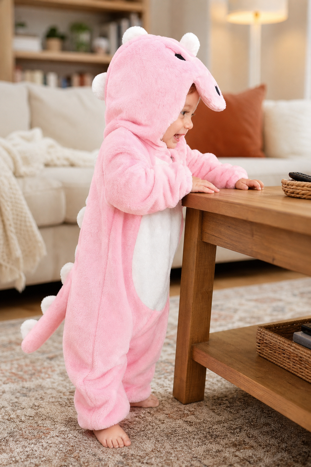 Hooded Pink Baby Plush Dino Onesie