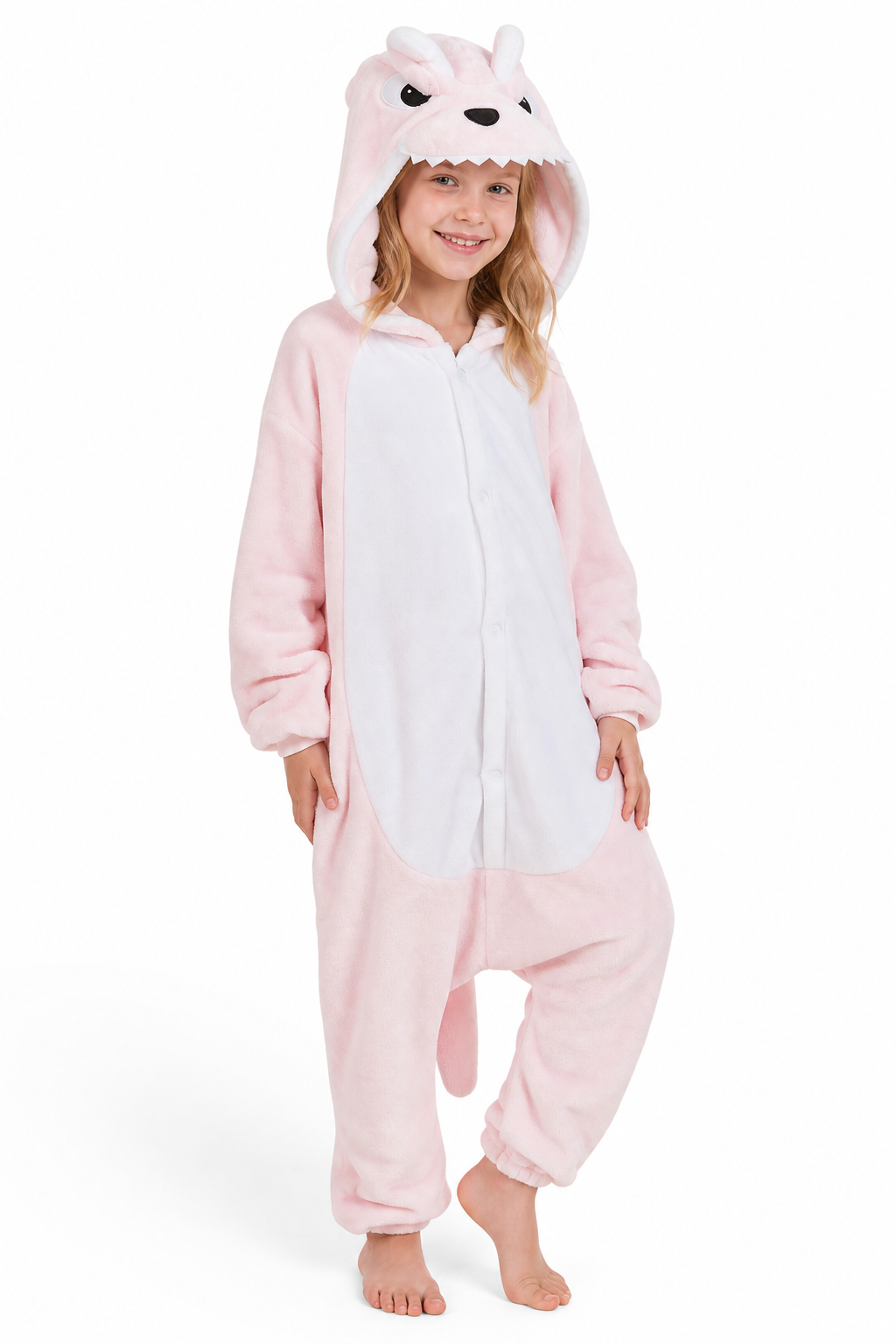 Kids' Hooded Pink Fanged Monster Kigurumi Pajama Onesie