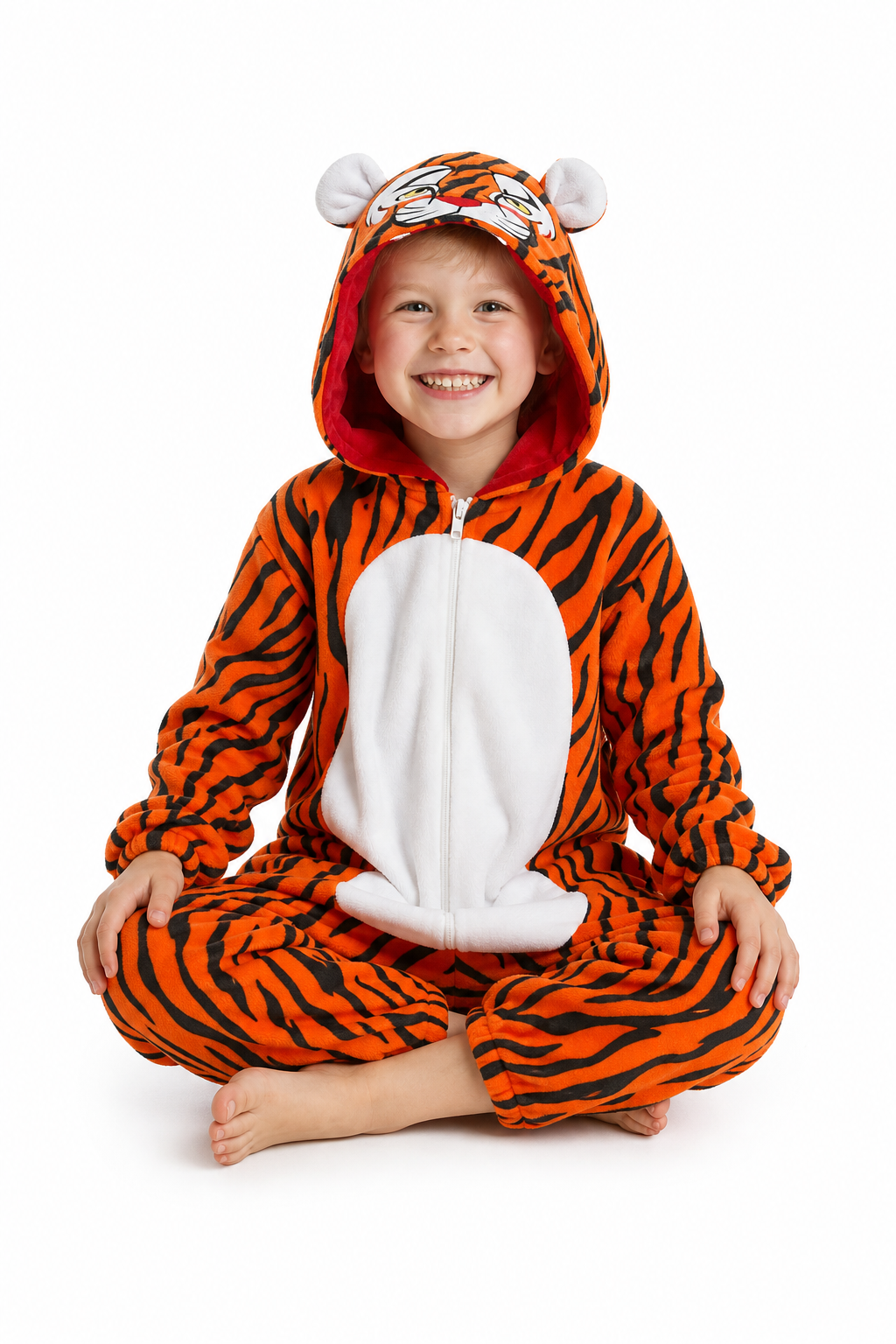 Kids' Hooded Orange and Black Striped Tiger Kigurumi Onesie
