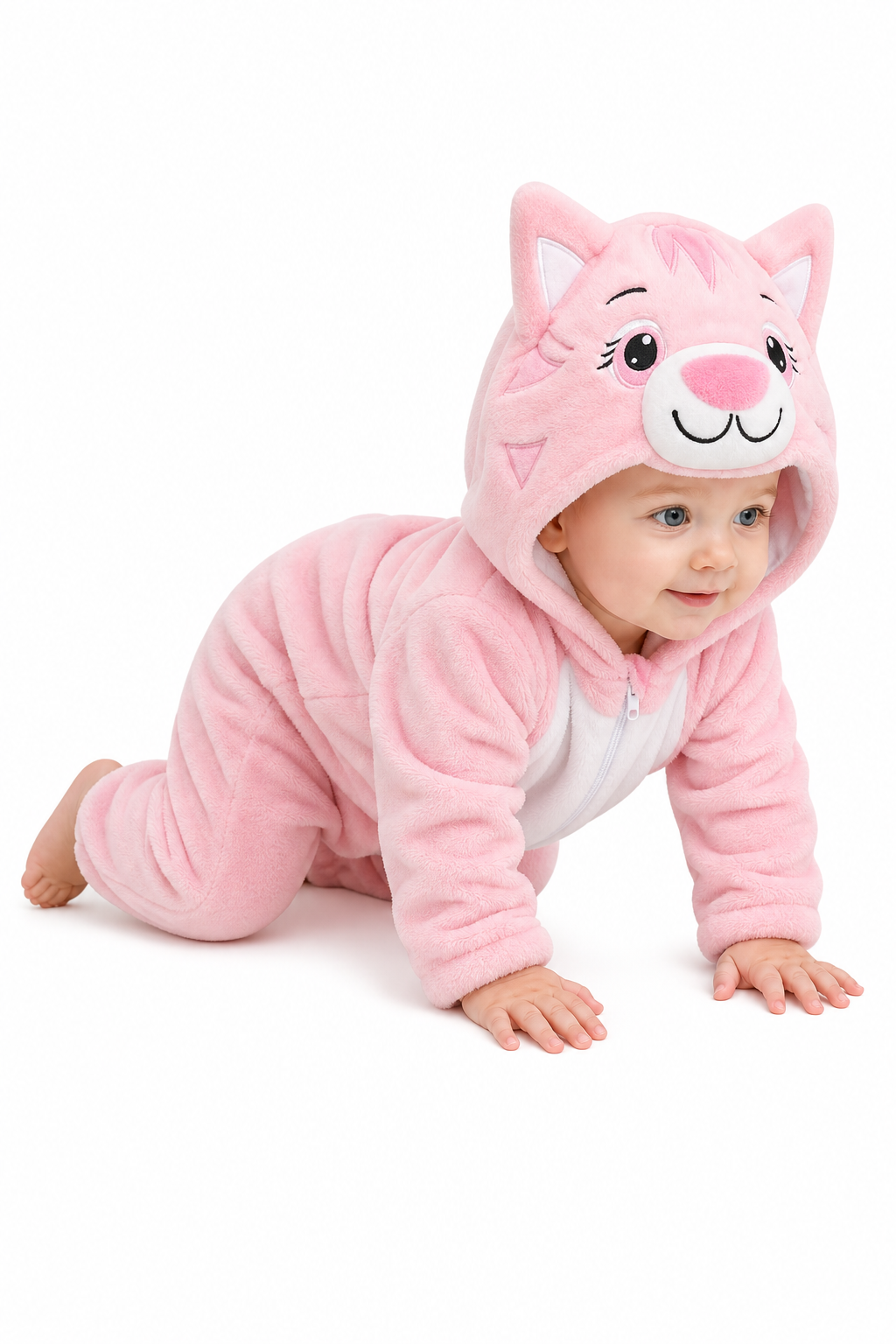 Baby Pink Cat Plush Hooded Kigurumi Onesie