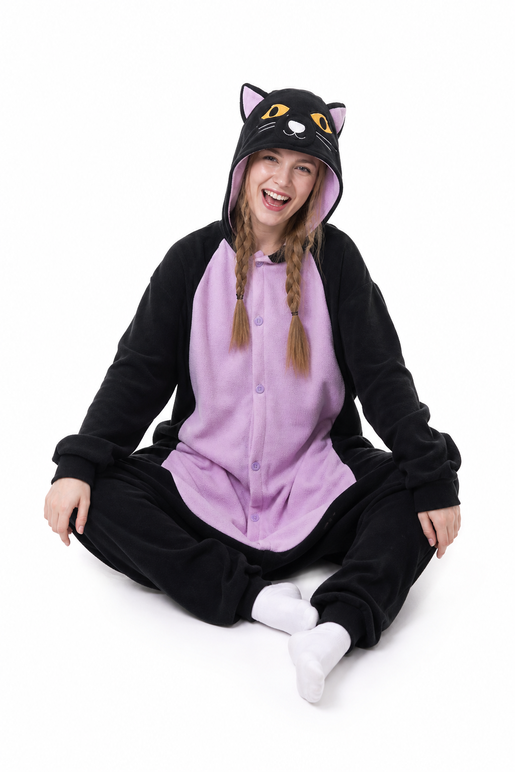 Adult Hooded Black Cat Onesie with Lavender Belly