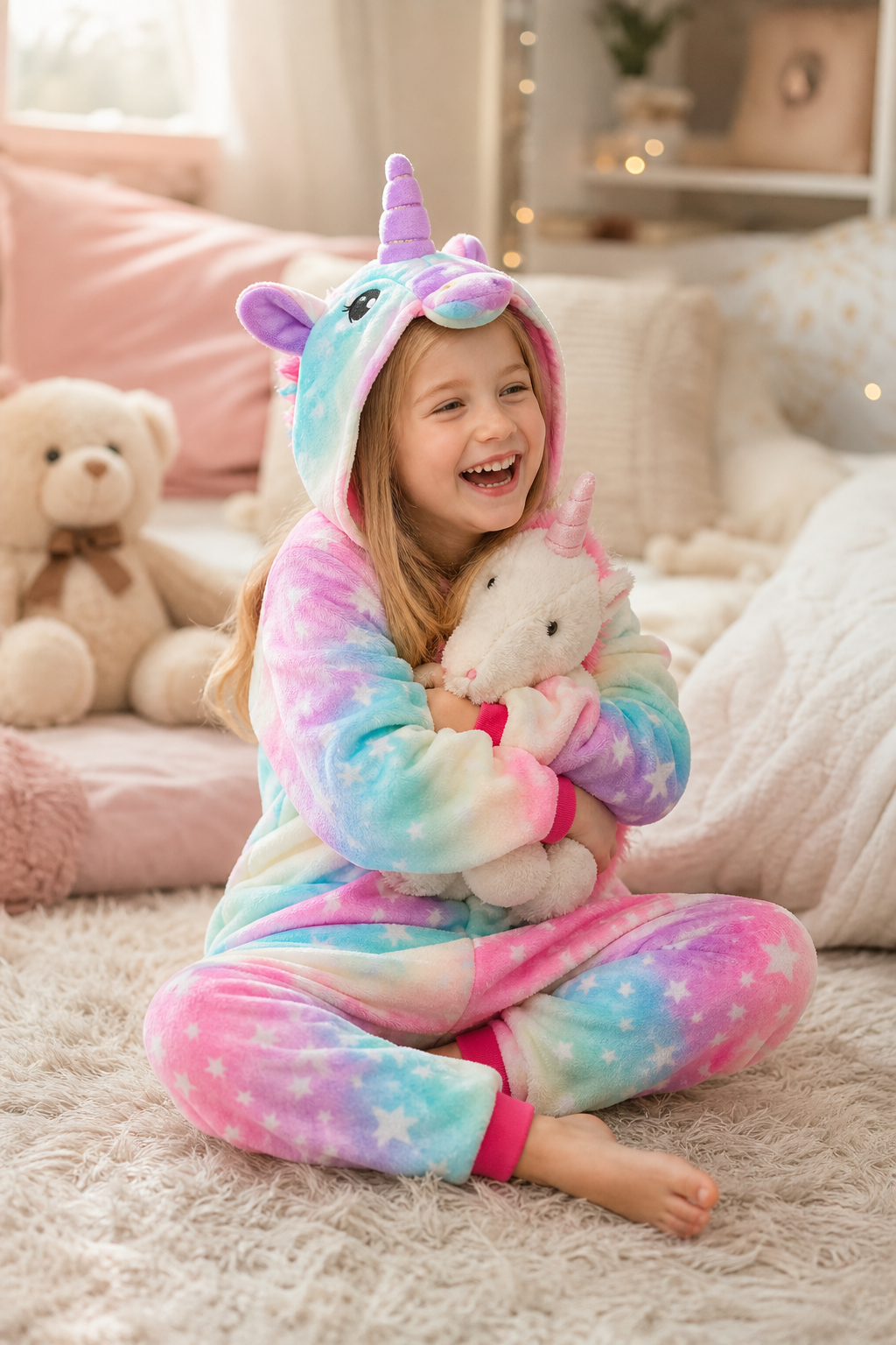 Kids' Hooded Pastel Rainbow Sky Unicorn Plush Kigurumi Onesie