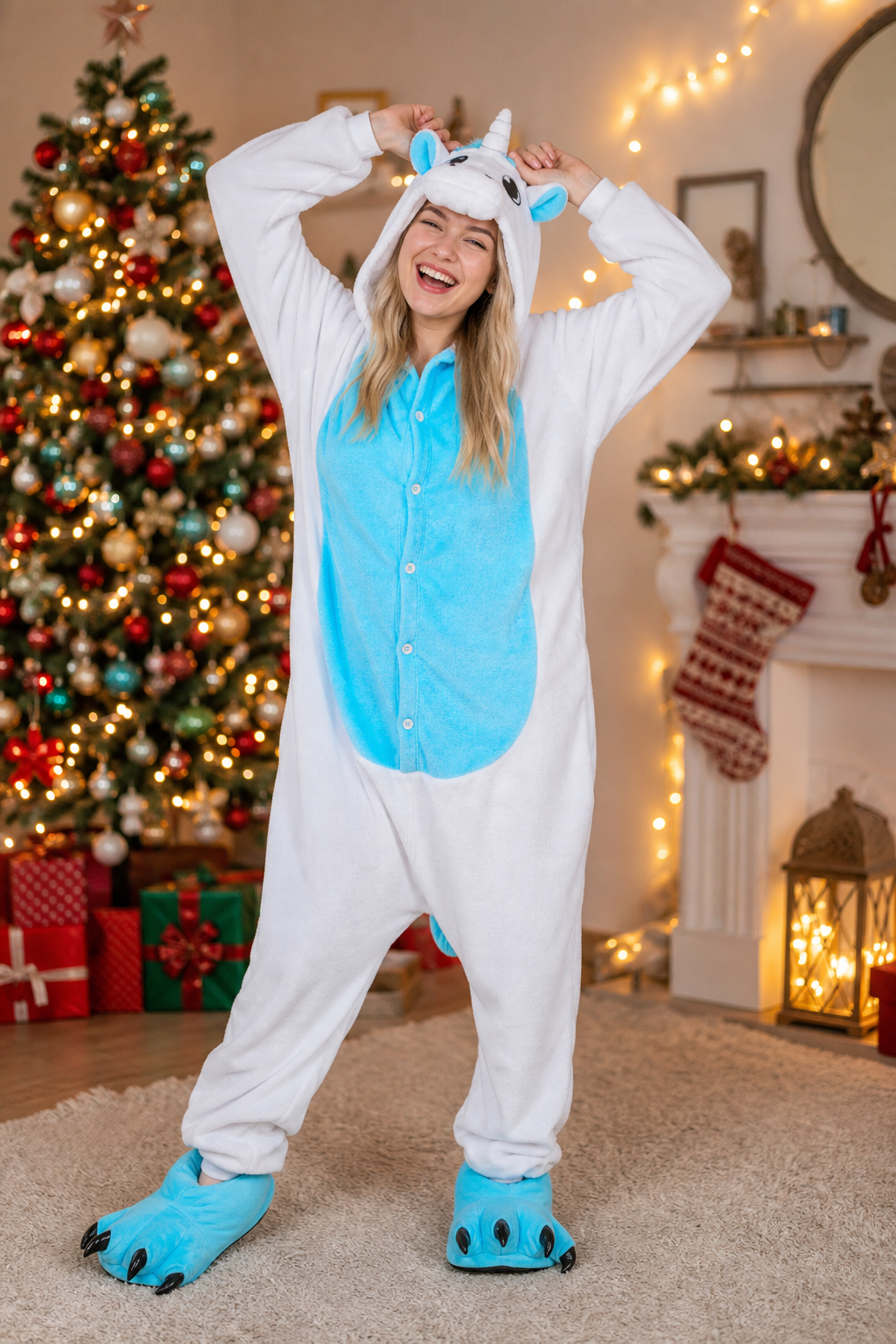Adult Hooded White & Blue Unicorn Kigurumi Onesie