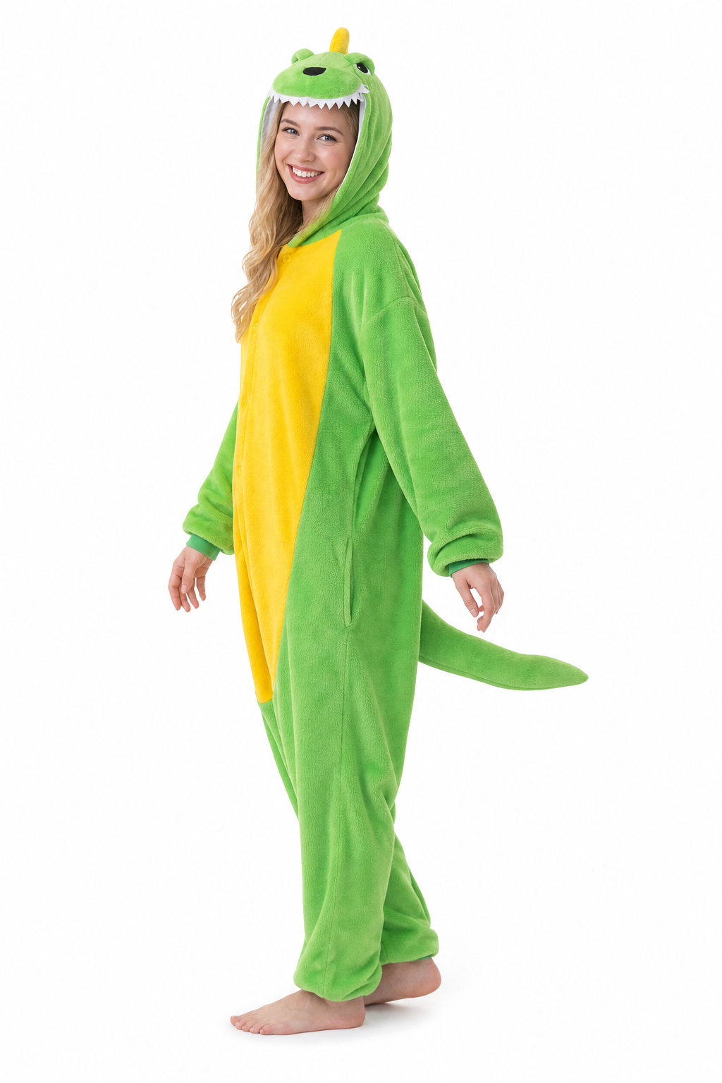 Adult Hooded Bright Green Dinosaur Kigurumi Onesie with Tail
