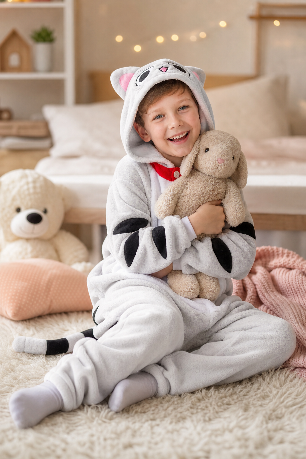 Kids' Hooded White Spotted Cat Kigurumi Costume Onesie