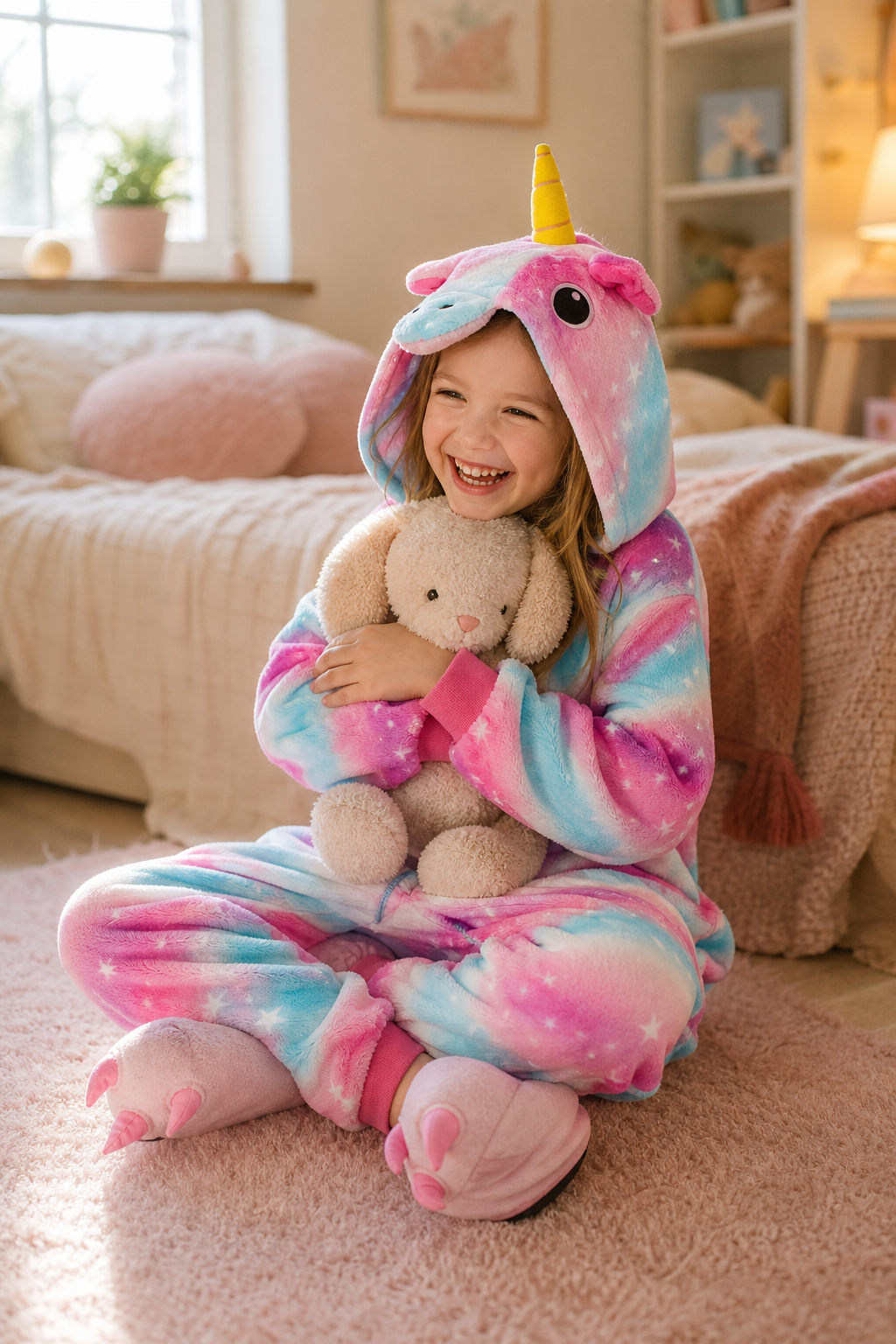 Kids' Hooded Pink and Blue Galaxy Star Unicorn Plush Kigurumi Onesie