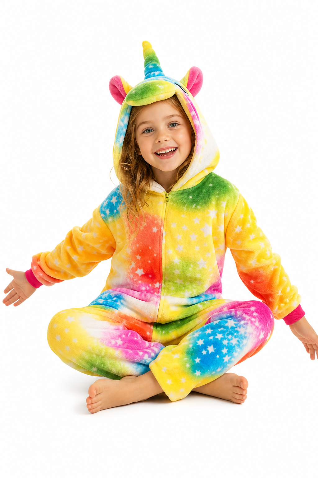 Kids' Hooded Yellow Rainbow Star Unicorn Kigurumi Costume Onesie