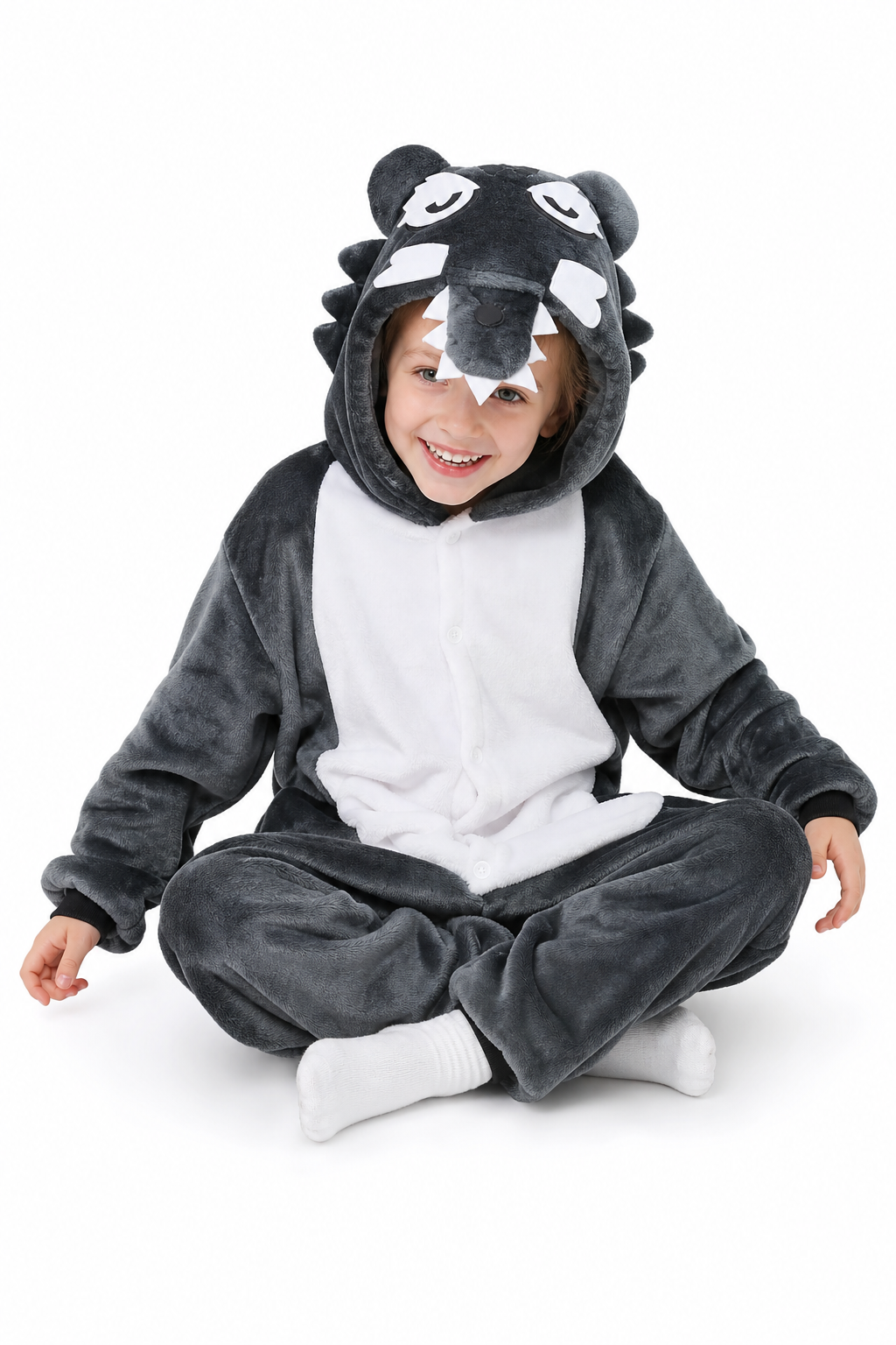 Kids' Hooded Gray Wolf Plush Kigurumi Onesie