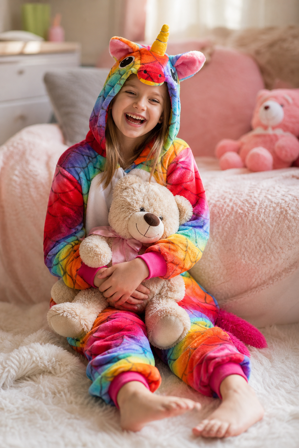 Kids' Hooded Rainbow Scale Unicorn Plush Kigurumi Onesie