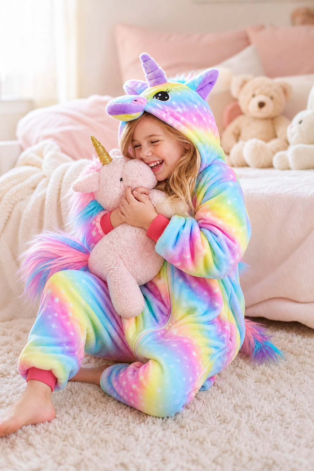 Kids' Hooded Bright Rainbow Star Unicorn Kigurumi Pajama Onesie