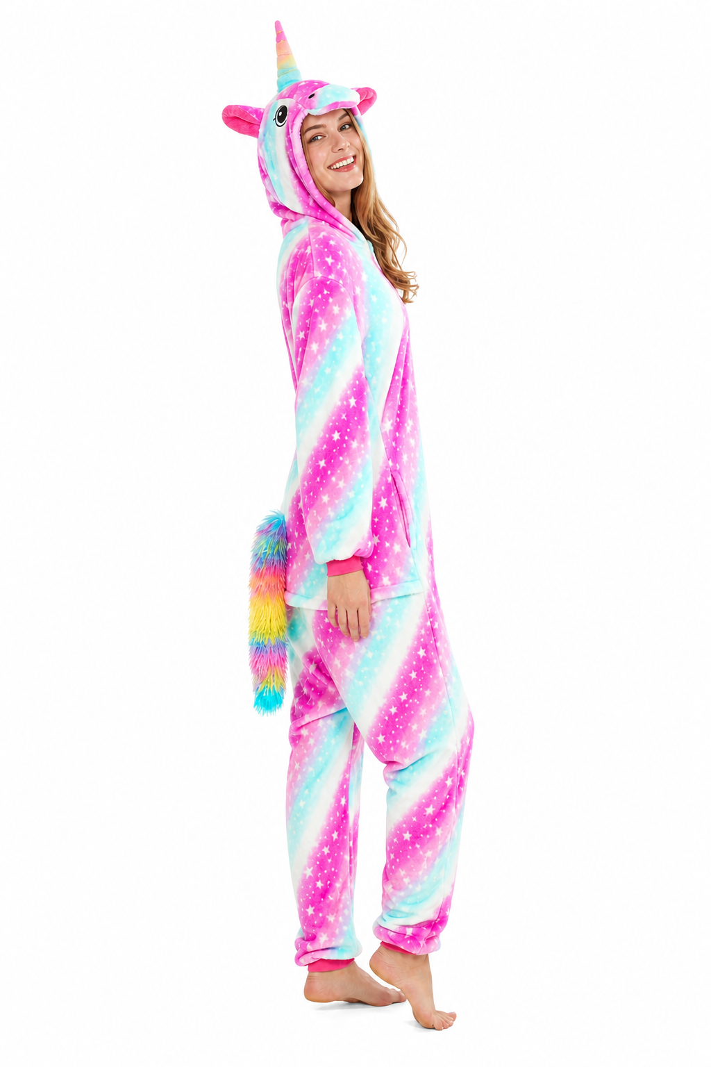 Adult Hooded Pink & Blue Star Unicorn Kigurumi Onesie with Rainbow Tail