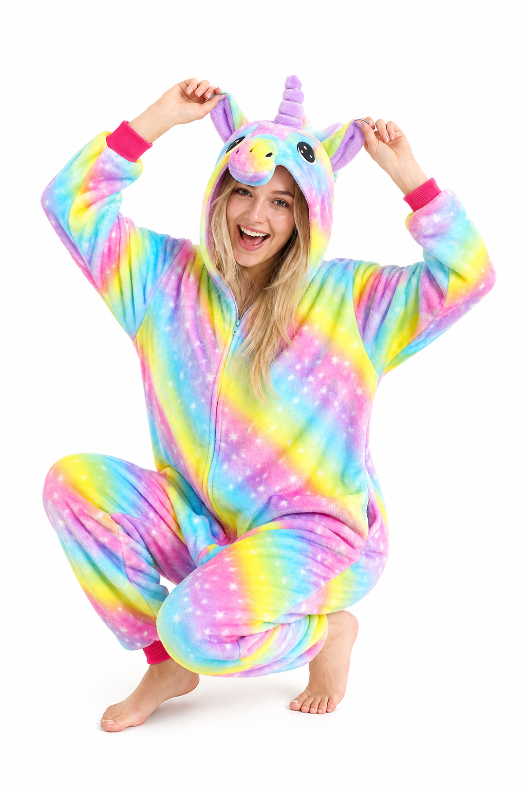 Adult Hooded Bright Rainbow Stripe Unicorn Kigurumi Onesie