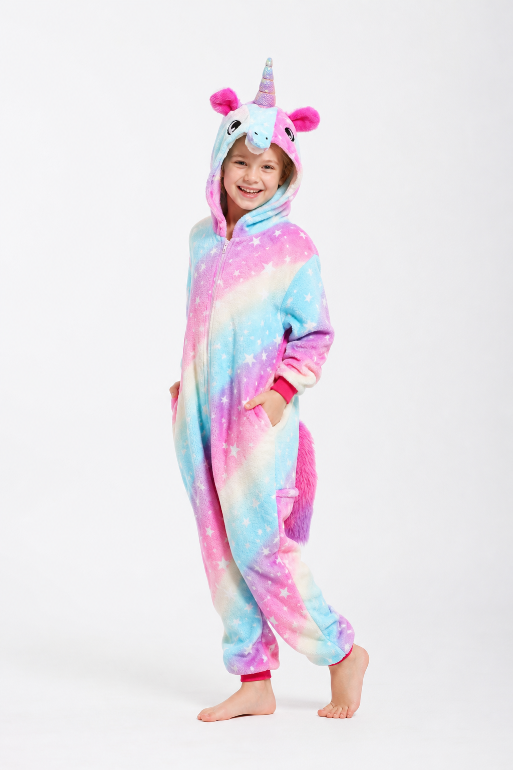Kids' Hooded Pastel Rainbow Star Unicorn Kigurumi Onesie