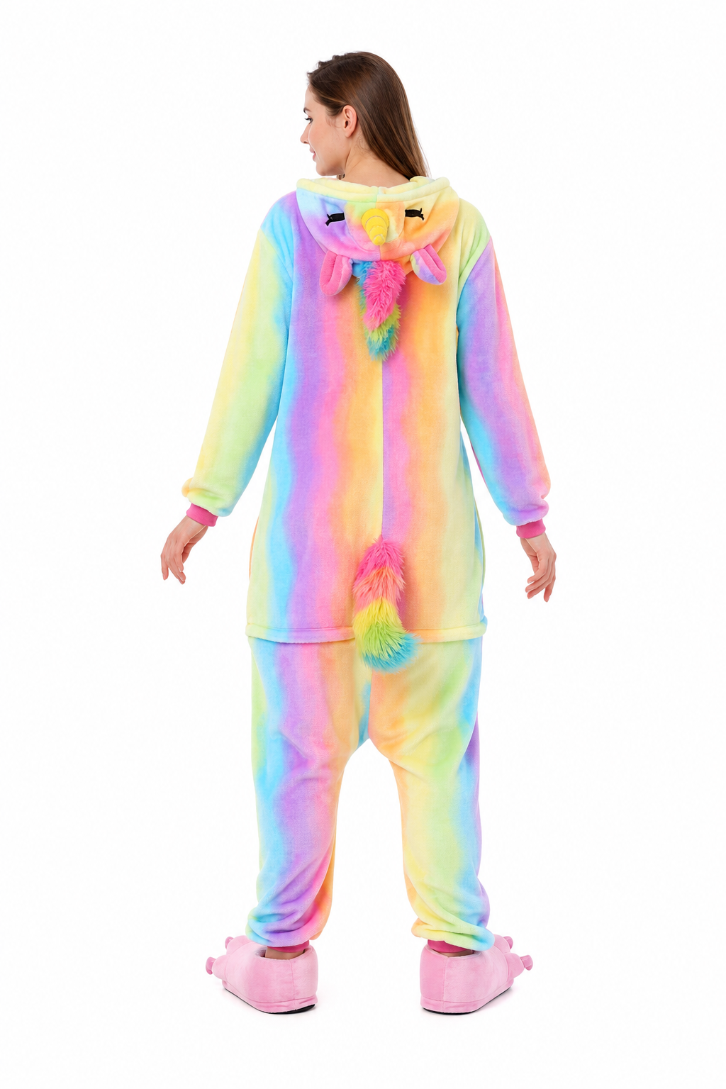 Adult Hooded Pastel Rainbow Ombre Unicorn Kigurumi Onesie with White Belly
