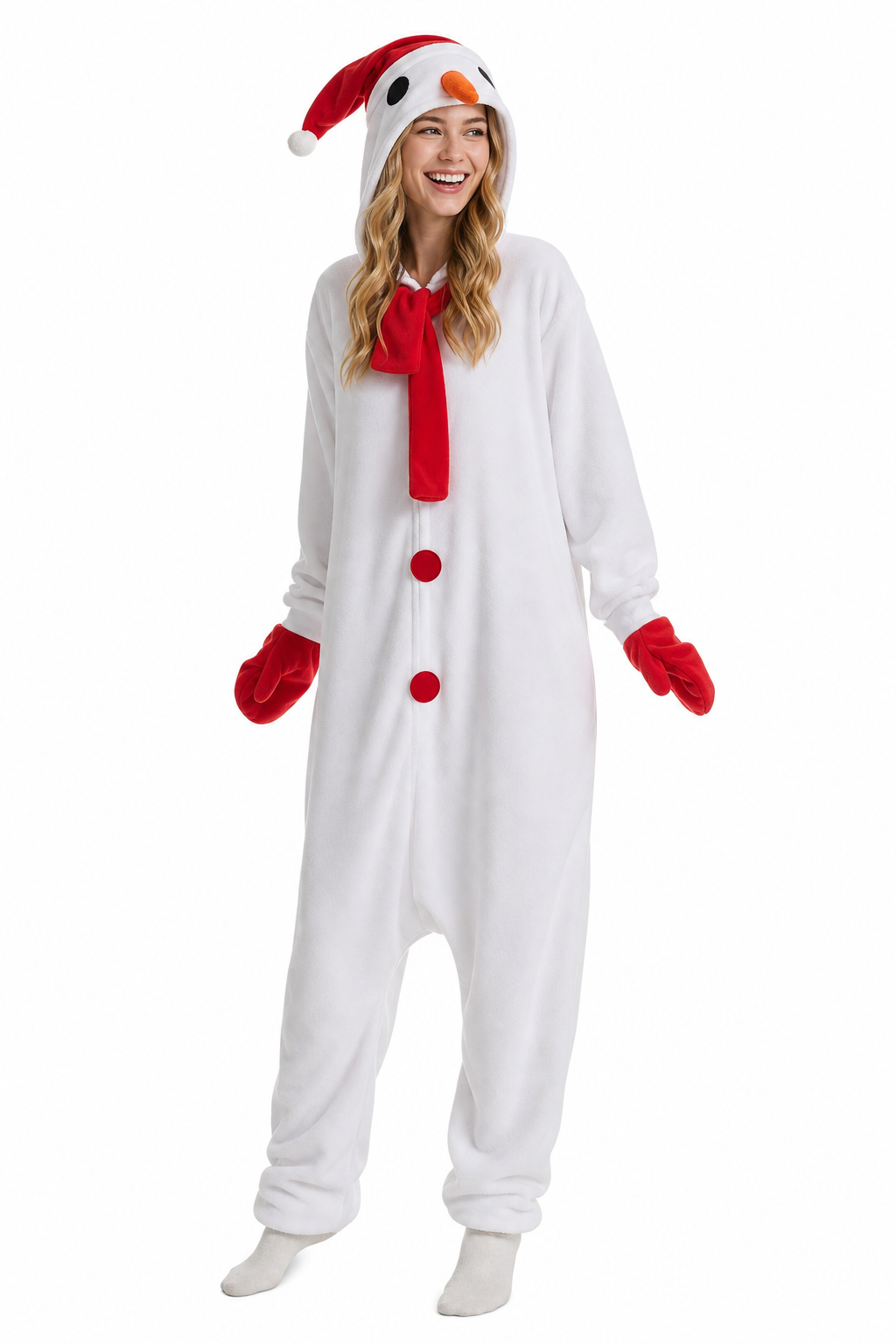 Adult Snowman Kigurumi with Red Scarf and Santa Hat