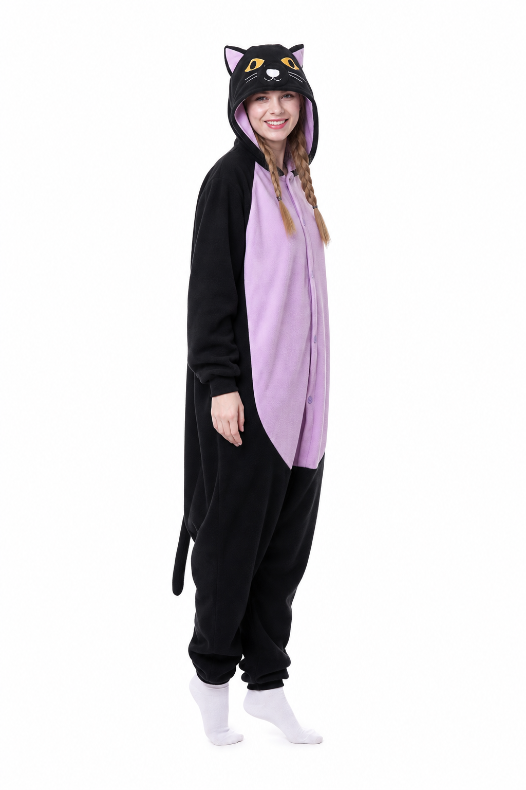 Adult Hooded Black Cat Onesie with Lavender Belly