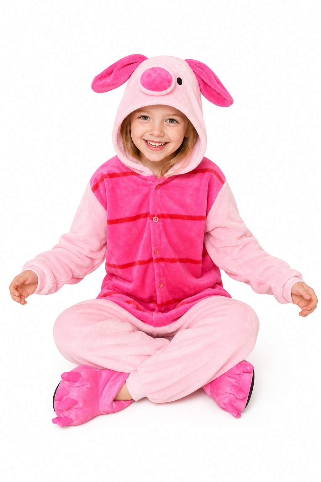Kids' Hooded Pink Striped Pig Plush Kigurumi Onesie